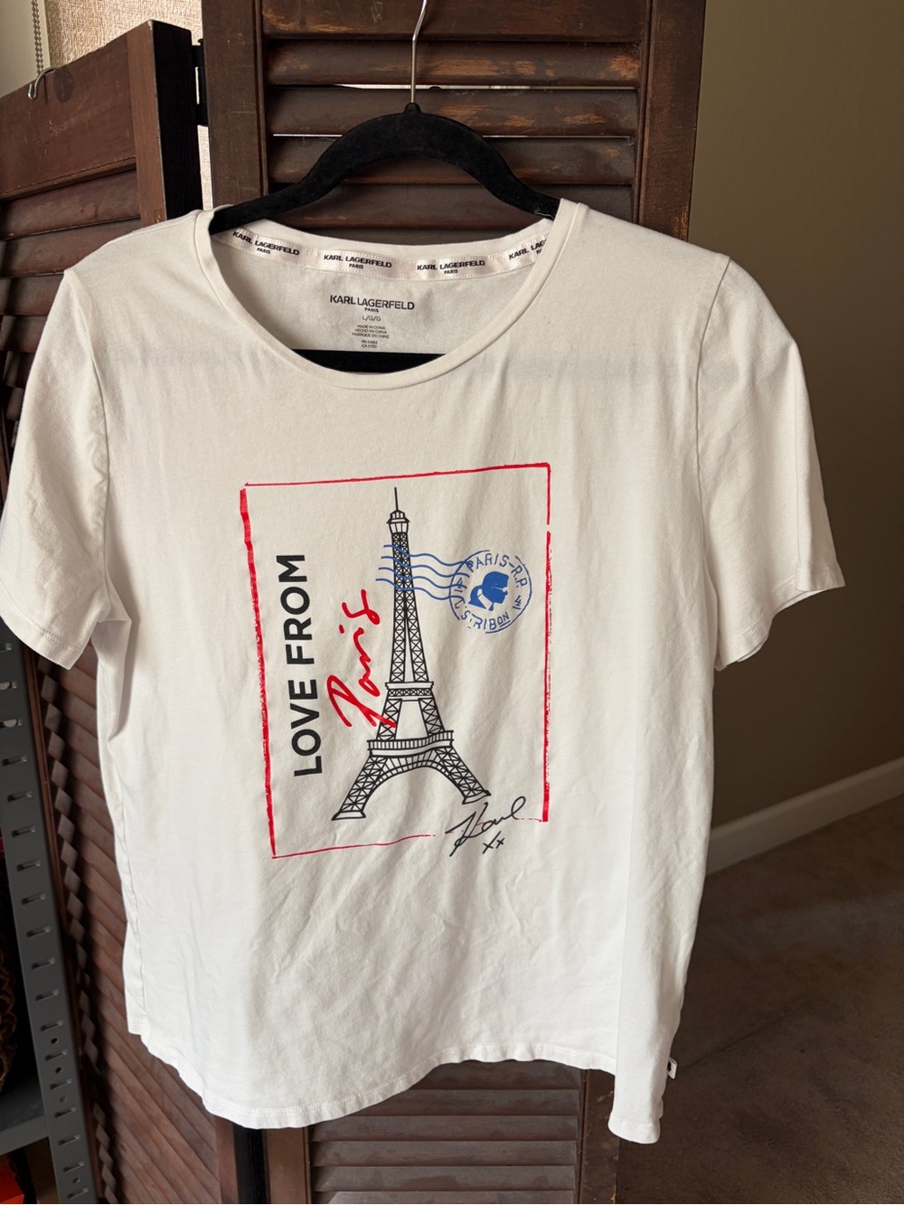 Karl Lagerfeld White Tee with Eiffel Tower Graphic and Red & Blue Accents